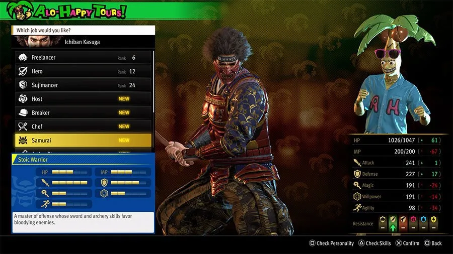 An image showing the skills, abilities, and stats of the Infinite Wealth Job Samurai